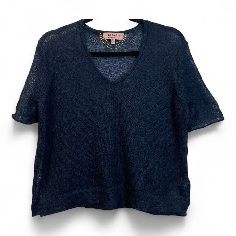 JUICY COUTURE Mohair Wool Blend Navy Blue Short Sleeve Fuzzy‎ Sweater XS Rare